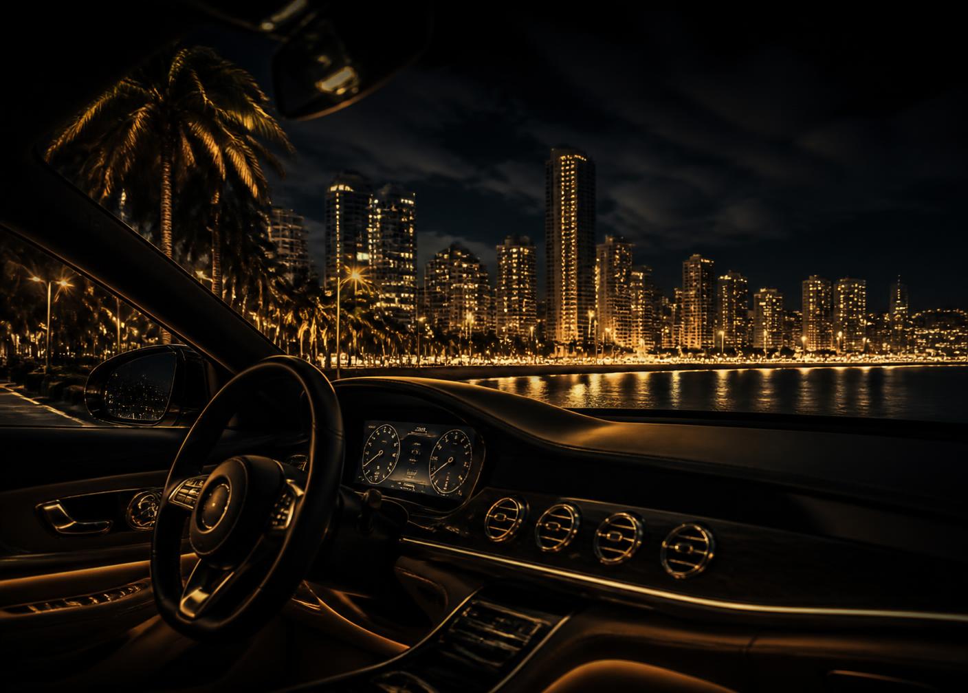 Vista nocturna del skyline de Benidorm desde un coche de lujo